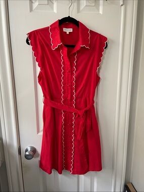 Entro  red sleeveless scalloped shirt dress with white trim
